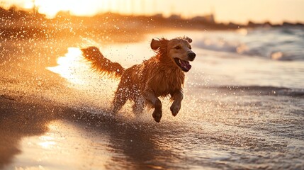 A dog playing and jumping through shallow waves at the beach, wet sand and splashes, lively and joyful scene