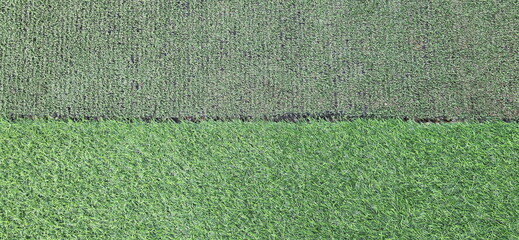 New synthetic grass with bright and beautiful dense (below) comparison of old artificial grass with dark green and dull green (top) and Artificial Turf is synthetic fiber material - similar to real 
