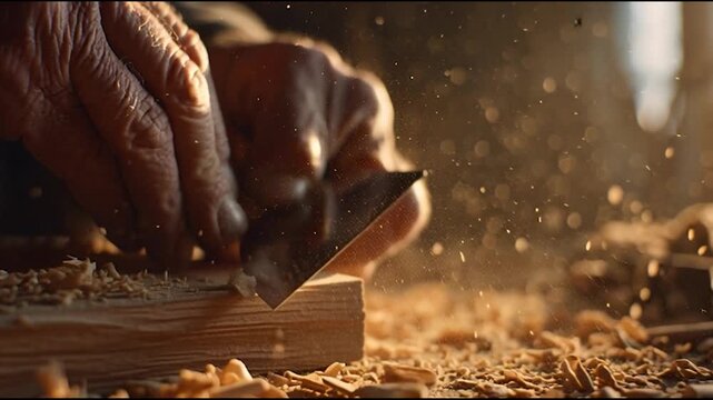 Hands crafting wood, using a blade with flying splinters