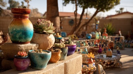 Fototapeta premium Various potted succulent plants and decorative pots displayed outdoors in natural sunlight