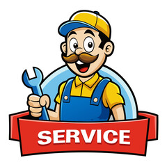 Cartoon Mechanic Mascot Holding Wrench and Service Banner Vector Illustration