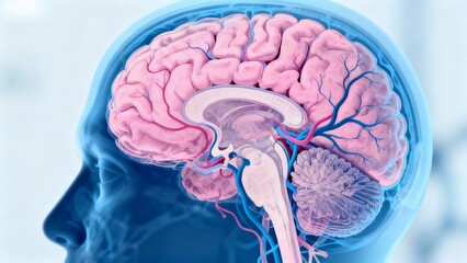 Blue and pink hue X-ray medical image, cross-sectional anatomy of the brain through X-ray