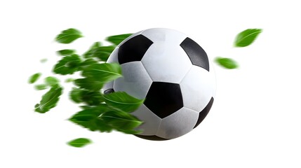 A soccer ball in mid-flight, surrounded by a flurry of green leaves, capturing the dynamic energy and speed of the sport.