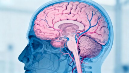 Blue and pink hue X-ray medical image, cross-sectional anatomy of the brain through X-ray