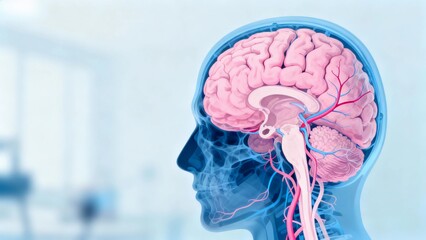 Blue and pink hue X-ray medical image, cross-sectional anatomy of the brain through X-ray