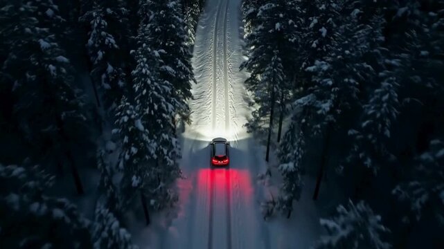 Modern car driving through snowy forest road at night with bright headlights and tail lights provides a dramatic winter travel scene