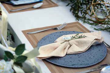 wedding reception dinner table suit at the garden in sunshine before event start