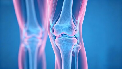 Blue and pink hue X-ray medical image, knee joint anatomical cross-sectional radiography;