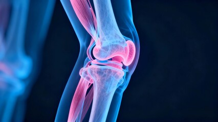 Blue and pink hue X-ray medical image, knee joint anatomical cross-sectional radiography;