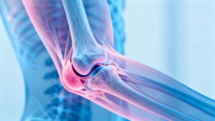 Blue and pink hue X-ray medical image, elbow joint anatomical cross-sectional radiography