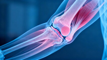 Blue and pink hue X-ray medical image, elbow joint anatomical cross-sectional radiography