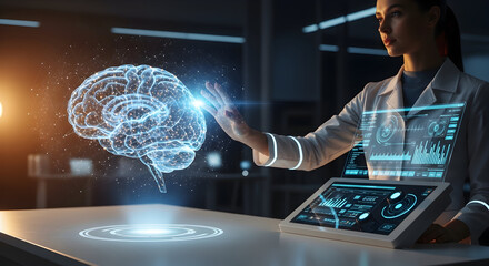 Female scientist interacting with holographic human brain in advanced laboratory, exploring neuroscience and AI technology