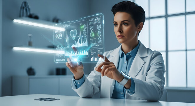 Female Scientist Interacting with Futuristic Holographic Display Showing Medical Data in a Modern Lab