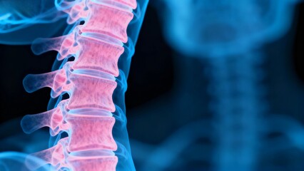 Blue and pink hue X-ray medical image, cross-sectional radiographic anatomy of the spine