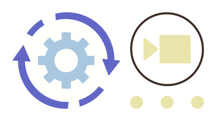 Gear inside cycle arrows and video camera icon surrounded by dots symbolize process automation, media production, collaboration, and innovation. Ideal for workflow, productivity, teamwork