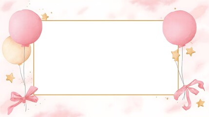 Festive frame with pink and gold balloons, bows, and stars for a joyful celeb n or party backdrop