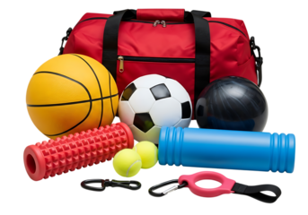 Collection of sports equipment and fitness accessories for active lifestyle and training
