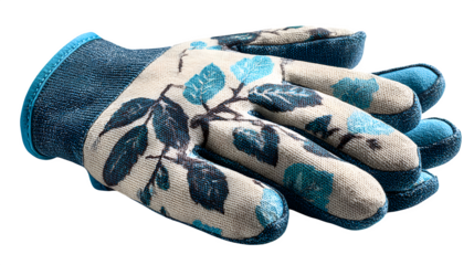 Gardening gloves with leaf pattern, fabric detail with soft shadow, isolated on white background