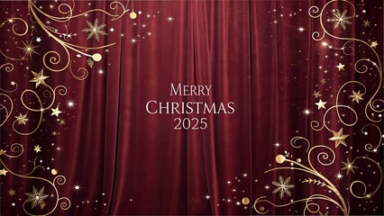 Elegant burgundy velvet curtain with golden ornate swirls and stars, announcing merry christmas 2025