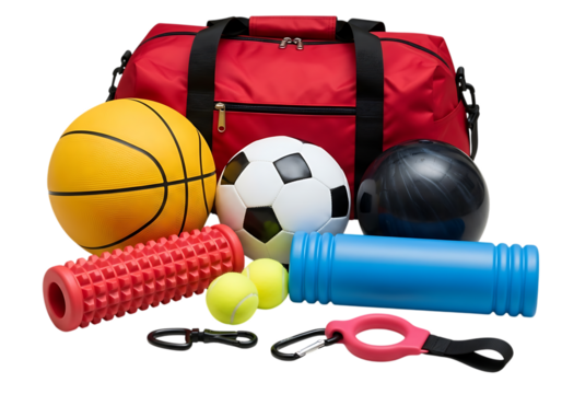 Collection of sports equipment and fitness accessories for active lifestyle and training