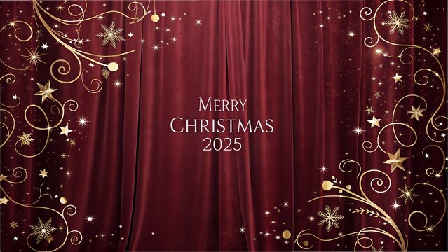 Elegant burgundy velvet curtain with golden ornate swirls and stars, announcing merry christmas 2025 - Powered by Adobe