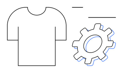 Minimalist t-shirt outline with gear emphasizing customization, design, production. Ideal for e-commerce, tailoring services, manufacturing, creativity, fashion technology teamwork. Simple flat