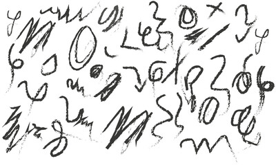 A dense, chaotic arrangement of handwritten elements and abstract marks.