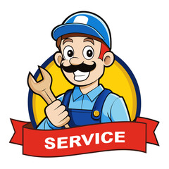 Cartoon Mechanic Mascot Holding Wrench and Service Banner Vector Illustration