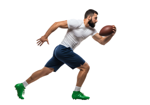Athletic man in motion, running with a football, focused and determined