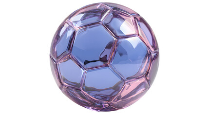 Glass soccer ball 3D rendered, crystalline reflective design, studio backlight glow, isolated on white background