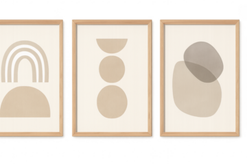 Abstract minimalist framed art triptych on transparent background