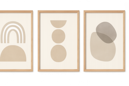 Abstract minimalist framed art triptych on transparent background