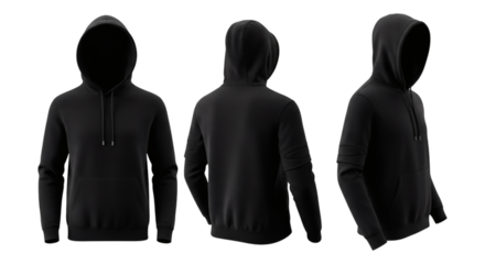 Black Hoodie Template Set with Front, Back, and Side Views, 3D render of a blank, dark hooded jumper. Complete apparel mockup for branding and digital design presentation