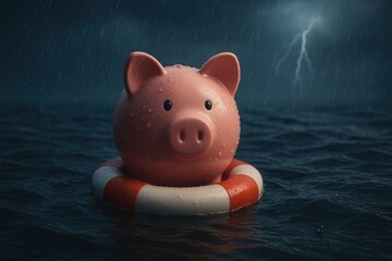 Pink piggy bank floats in lifebuoy on dark, stormy waters, surrounded by rain and lightning, symbolizing financial safety