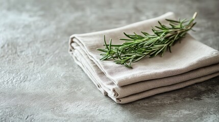 A folded linen napkin in muted earth tones with a sprig of rosemary resting on top