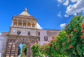 Palermo cityscape in Italy: view of doorway of the Porta Nuova (the New Gate).