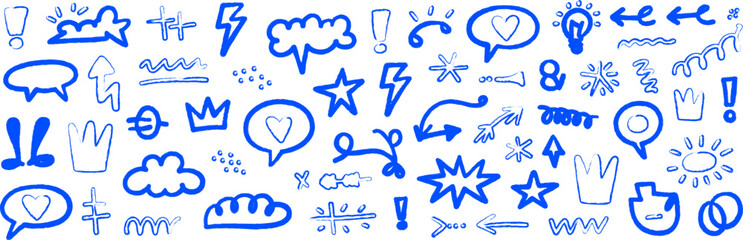 Hand-drawn doodle icons – sketch speech bubbles, arrows, stars, hearts, symbols, and decorative elements in fun blue crayon style vector illustration