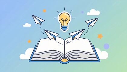 Educational creativity concept with open book and flying paper planes