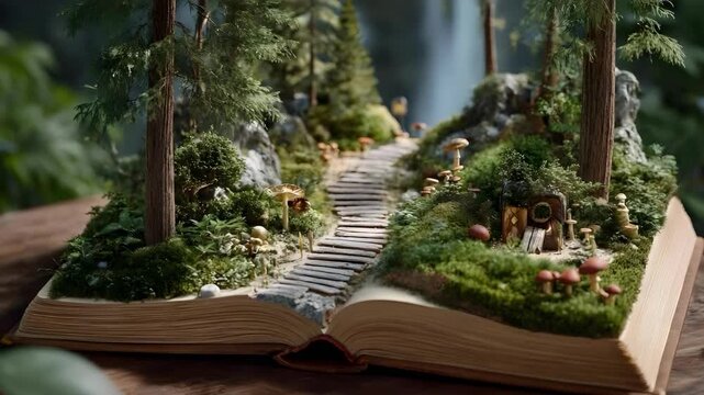 A miniature forest diorama built on an open book, featuring a stone path, trees, moss, and tiny mushrooms.