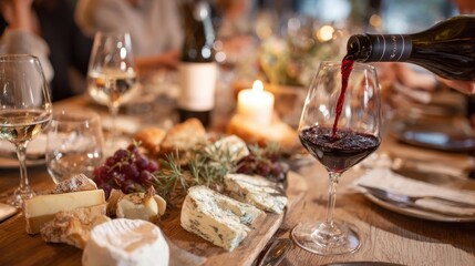 Friends gather around a beautifully arranged table with an assortment of cheeses fruits and a glass of red wine being poured creating a warm inviting atmosphere.