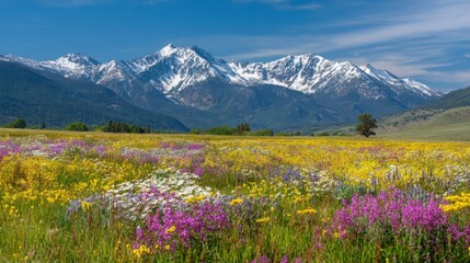 Fototapeta premium A beautiful field of wildflowers with a mountain range in the background. The sky is clear and blue, and the sun is shining brightly. The scene is peaceful and serene, and it evokes a sense of calm