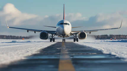 Airplane prepares for takeoff on a snowy runway. Clear sky overhead, the winter landscape presents a frosty and challenging environment for flight operations.