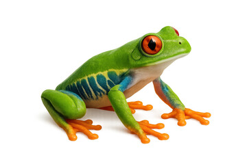 Obraz premium Red-eyed tree frog resting, showing vibrant green skin, large red eyes, and orange feet with transparent background