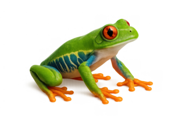 Red-eyed tree frog resting, showing vibrant green skin, large red eyes, and orange feet with transparent background