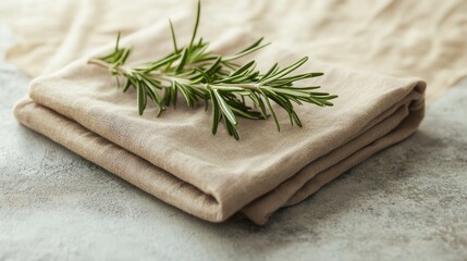 A folded linen napkin in muted earth tones with a sprig of rosemary resting on top