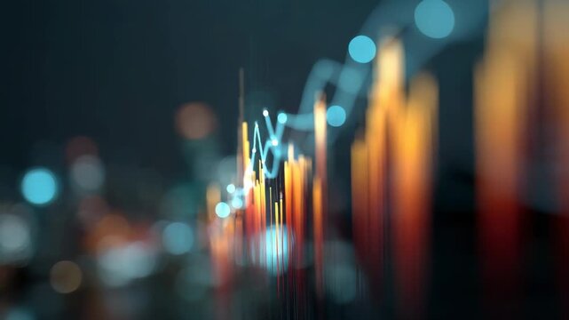 Futuristic stock exchange market chart showing a positive trend with a rising candlestick graph and line graph on an abstract background with beautiful bokeh, representing financial growth