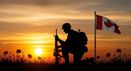 A silhouette of a soldier with a Canadian flag at sunset, with poppies in the foreground.