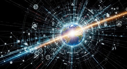 A globe with a glowing light at its center, surrounded by a network of interconnected lines and symbols.