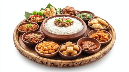 a full Thaistyle khantoke set with rice and side dishes, Lanna dining tradition, photorealistic serving style, isolated on white background