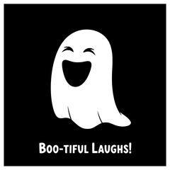 Obraz premium A cheerful white spectral figure with a wide-open mouth, expressing joyous laughter, set against a dark background, perfect for a playful spooky season design and happy holiday themes